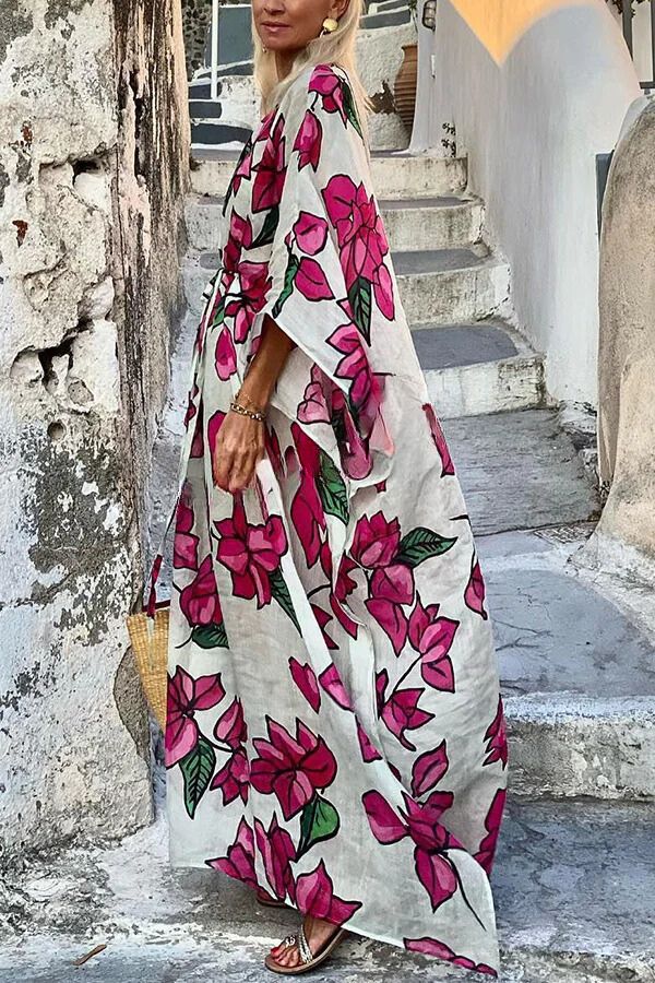 Vestido largo holgado con cinturón y mangas dolman con estampado floral 