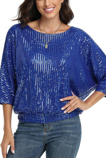 Top casual holgado de cuello redondo con lentejuelas de color liso