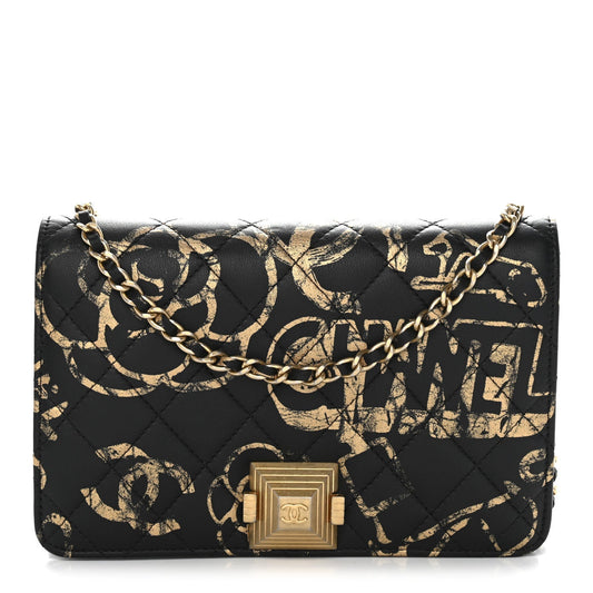 Calfskin Quilted Graffiti Pyramid Wallet On Chain WOC Black