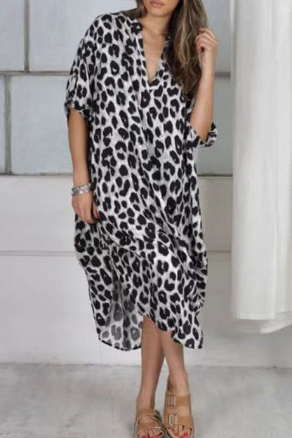 Vestido casual con cuello en V y estampado de leopardo y patchwork