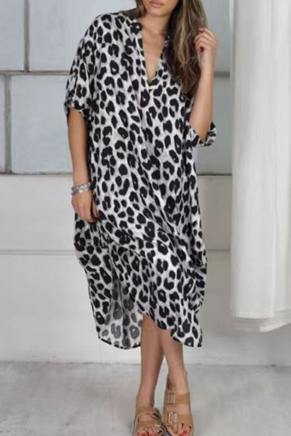 Vestido casual con cuello en V y estampado de leopardo y patchwork