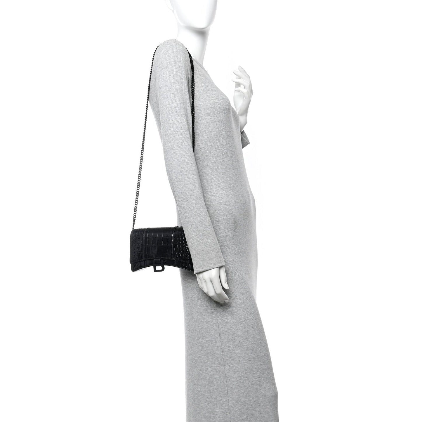 Shiny Calfskin Monochrome Crocodile Embossed Hourglass Chain Bag Black