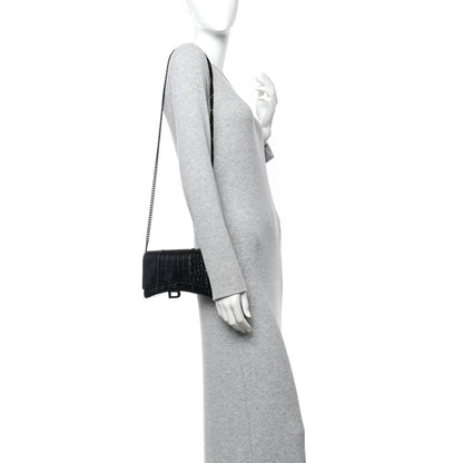 Shiny Calfskin Monochrome Crocodile Embossed Hourglass Chain Bag Black