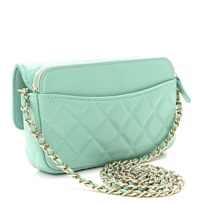 Caviar Quilted Flap Phone Holder With Chain Turquoise