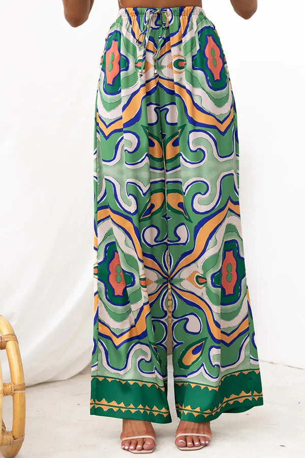 Pantalones anchos con bolsillos y cintura elástica con estampado abstracto étnico de satén Oh So Chic