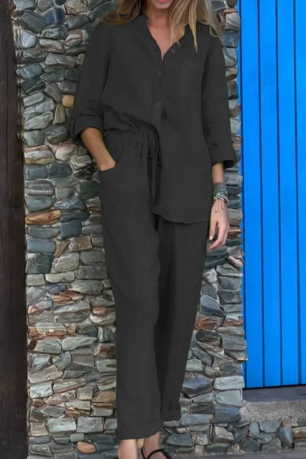 Conjunto informal de dos piezas de algodón y lino con cuello en V, camisa y pantalón de color liso 