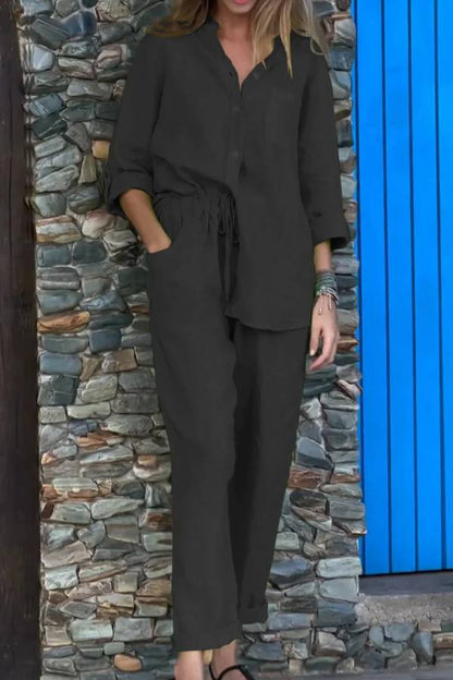 Conjunto informal de dos piezas de algodón y lino con cuello en V, camisa y pantalón de color liso 