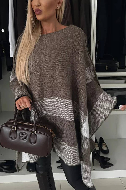 Poncho holgado con mangas murciélago, de punto a cuadros y bloques de color, tranquilo y elegante