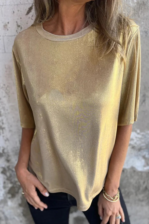 Camiseta holgada de manga corta con cuello redondo y color sólido metalizado