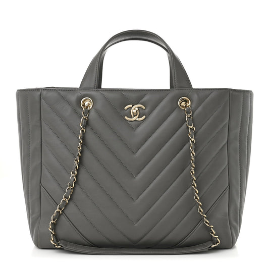 Calfskin Chevron Quilted Statement Shopping Tote Grey