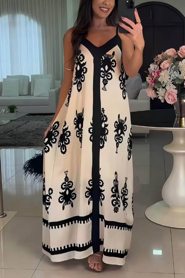 Vestido largo holgado con estampado de patchwork y elegante patrón étnico