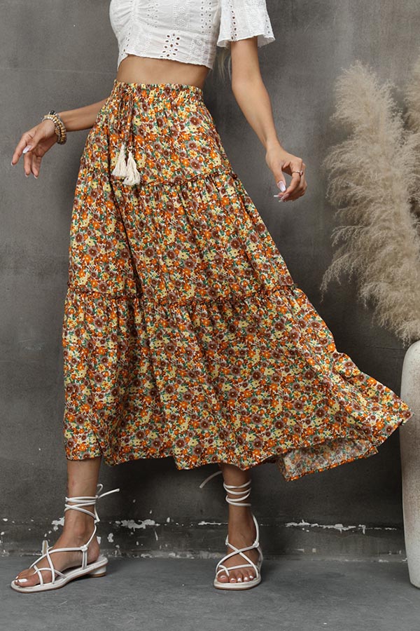 Falda de capas con costuras de encaje de hongos florales, estilo bohemio, con borlas, para playa y vacaciones costeras