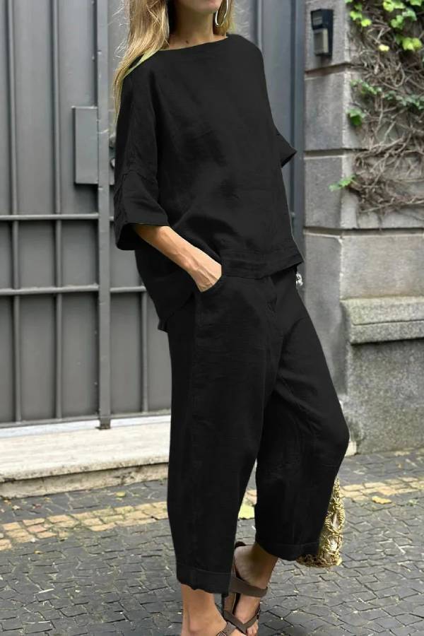 Conjunto informal de dos piezas de algodón y lino con cuello redondo y pantalones de color liso 