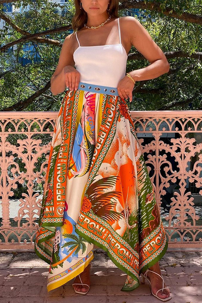 Falda larga de satén con estampado único y cintura elástica con dobladillo irregular de Summer Destination