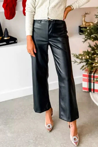 Pantalones de piel sintética con pierna recta y un botón 