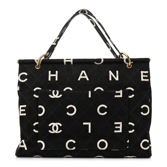 Canvas Printed Quilted Logo Tote Black White