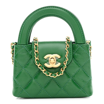 Shiny Aged Calfskin Quilted Mini Nano Kelly Shopper Green