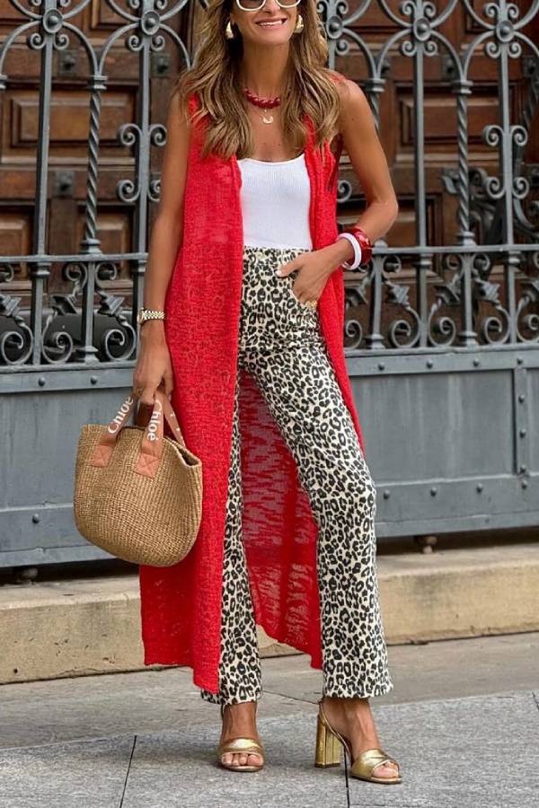 Chaleco largo de punto rojo coral
