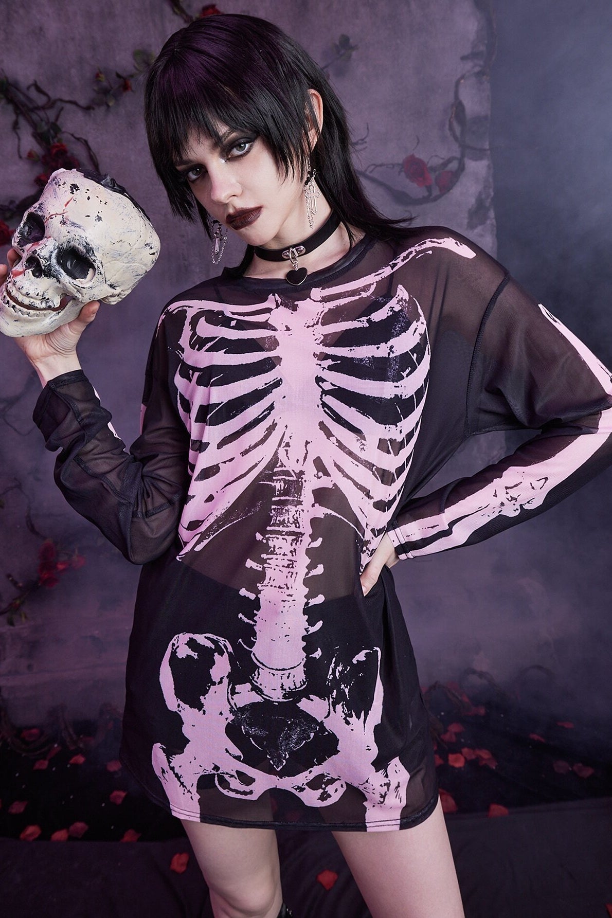 Dark Style Skull Print Mesh Knit Top