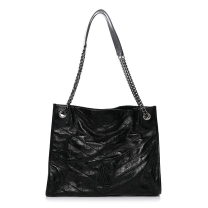 Crinkled Calfskin Matelasse Monogram Medium Niki Shopper Tote Black