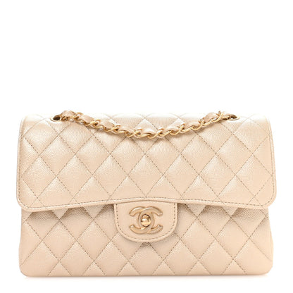 Metallic Caviar Quilted Small Double Flap Beige