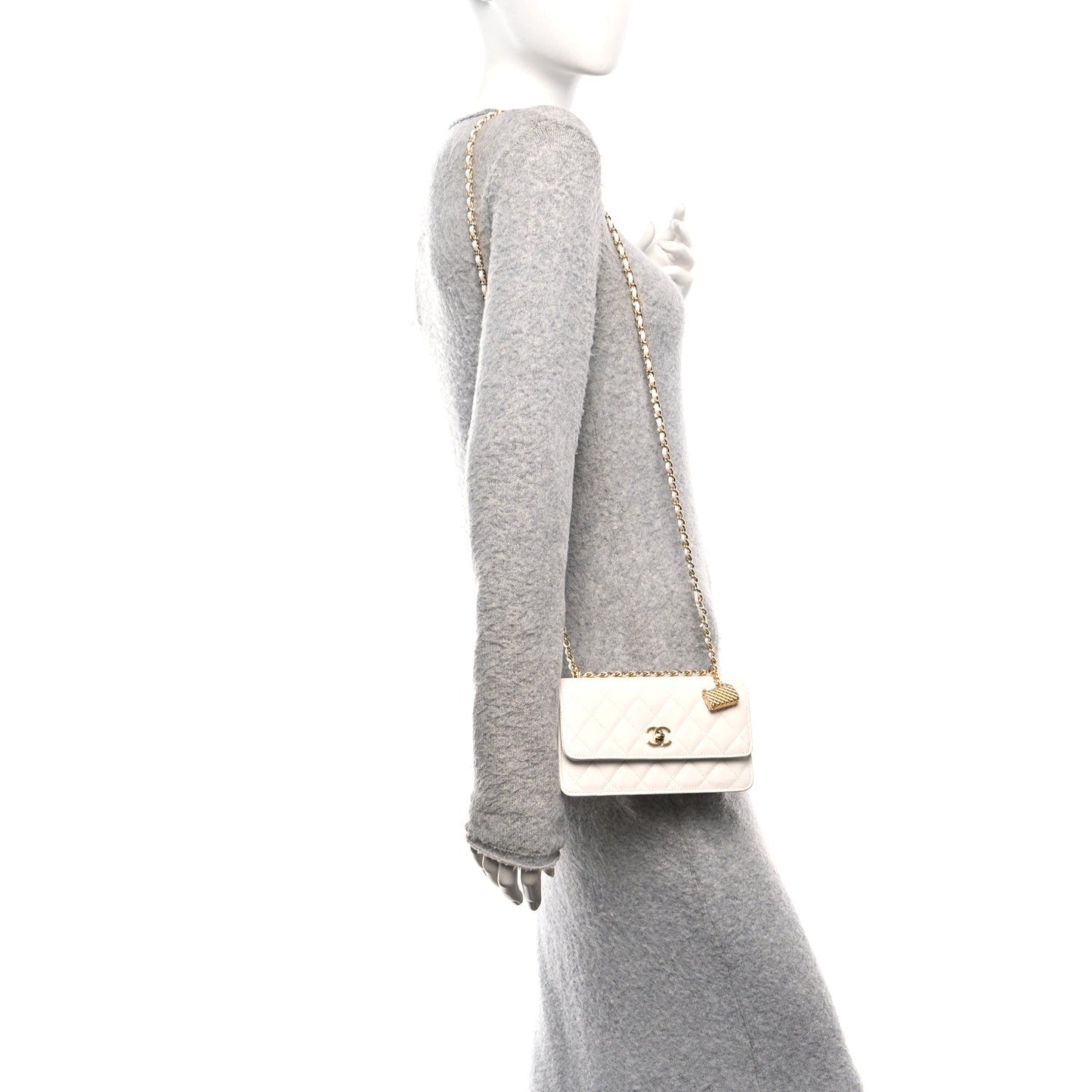 Shiny Caviar Quilted Flap Charm Wallet On Chain WOC White