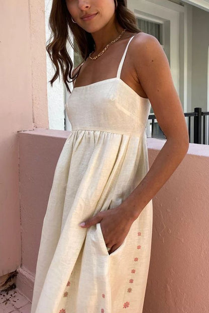 Vestido largo holgado con tirantes y bolsillos, estampado único en mezcla de lino Paradise Flowers