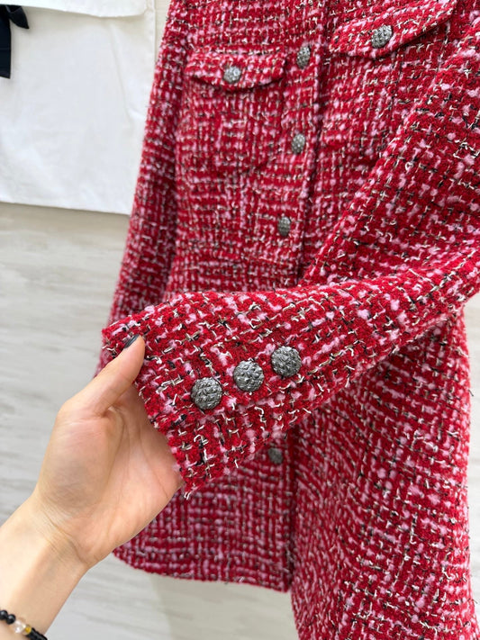 CC Woven Tweed Long-Sleeved Dress Red Pink Tweed 343197