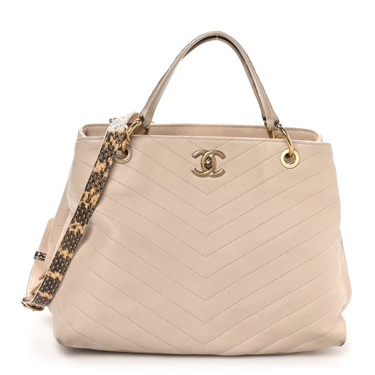 Calfskin Elaphe Stitched Large Chevron Chic Shopping Bag Beige