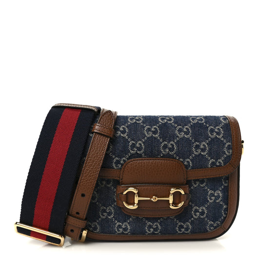 New Denim GG Monogram Dollar Calfskin Web Mini Horsebit 1955 Shoulder Bag Blue Tea Cuir Epilog