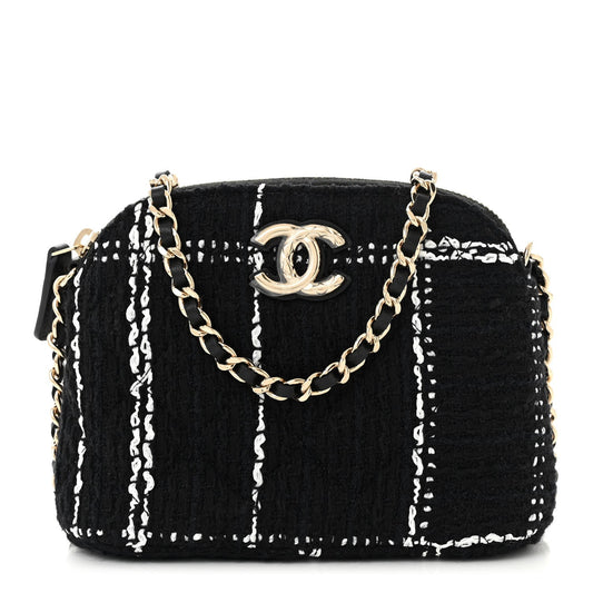 Tweed Quilted Mini Clutch With Chain Black White