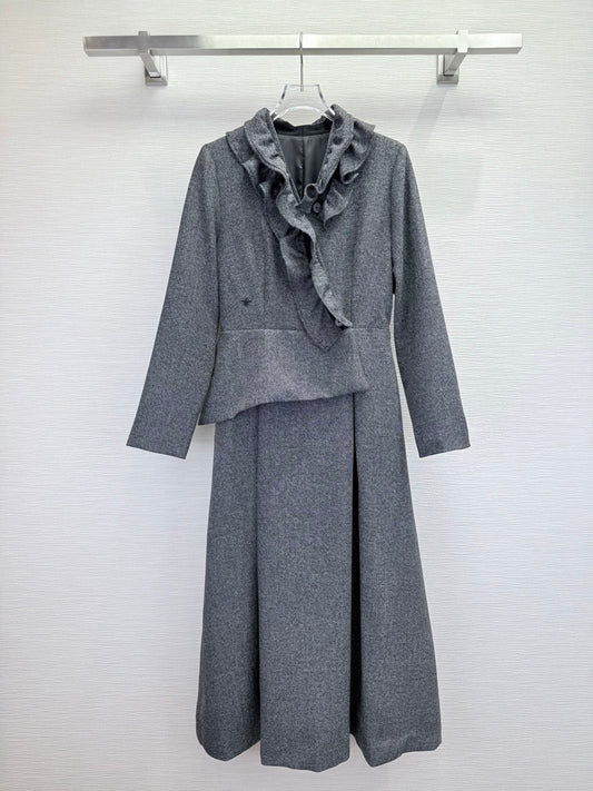 CD 25SS Ruffled V-neck Dress Gray Wool 306506