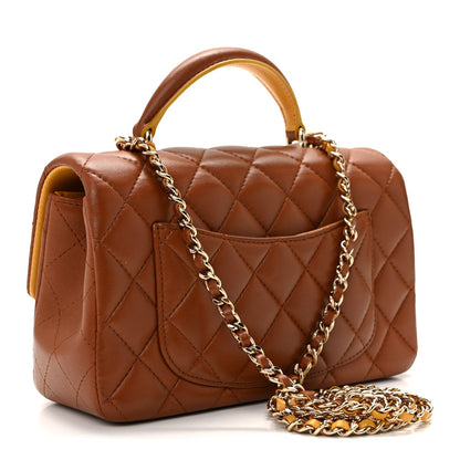 Lambskin Quilted Bi-Color Mini Top Handle Rectangular Flap Light Brown Yellow