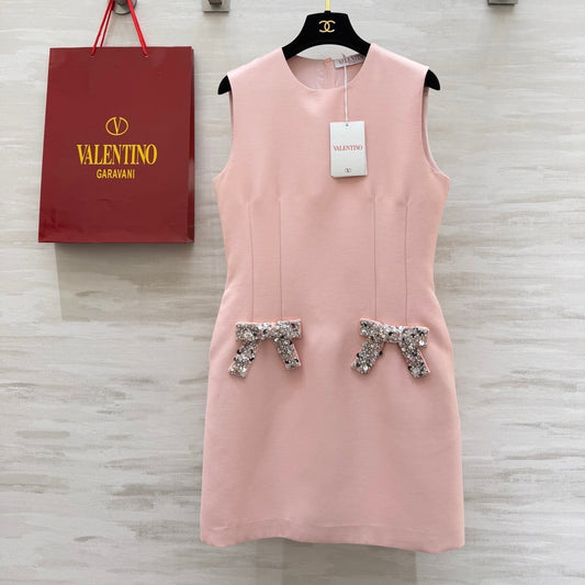 Valen 26s Bow-Embellished Beaded Sleeveless Dress Pink Fabric 344776