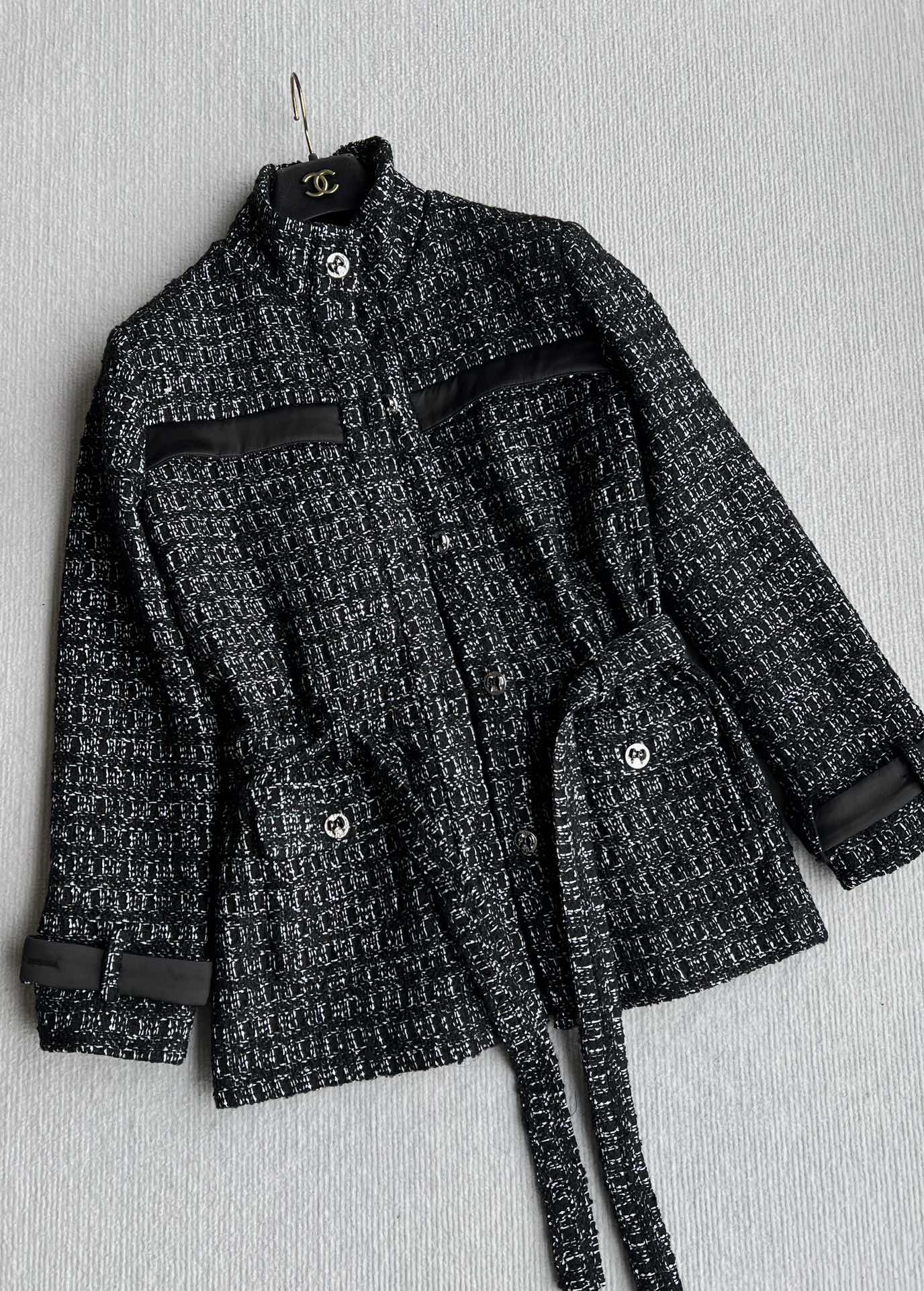 CC Belted Jacket Black White Cashmere Tweed 318587
