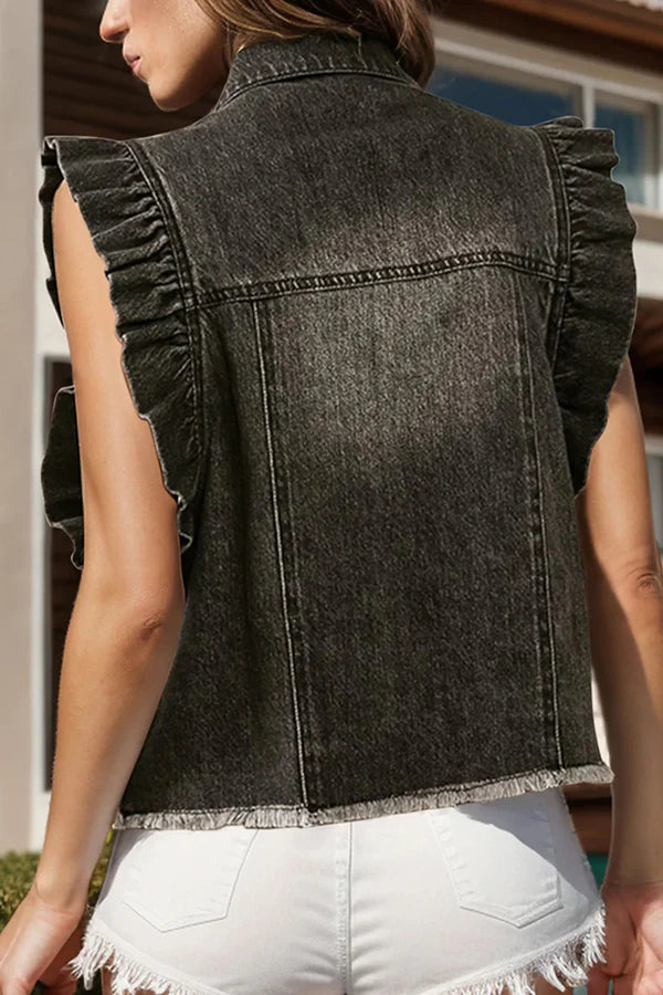 Chaqueta vaquera holgada con solapa y mangas con volantes, elegante y de un solo pecho 