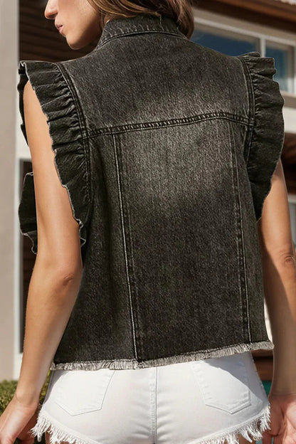 Chaqueta vaquera holgada con solapa y mangas con volantes, elegante y de un solo pecho 