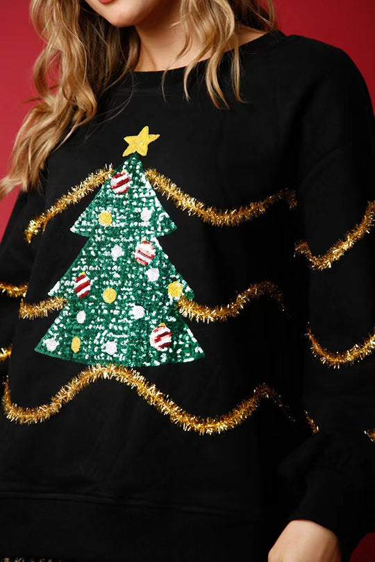Sudadera holgada de manga larga con lentejuelas y árbol de Navidad