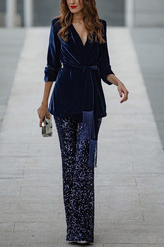 Pantalones acampanados de cintura elástica y tiro alto con lentejuelas de terciopelo Diva