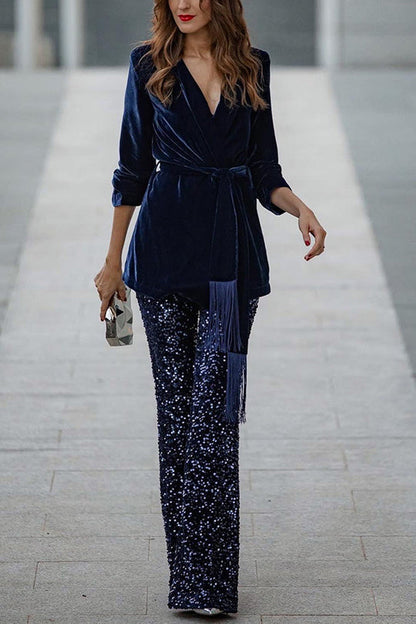 Pantalones acampanados de cintura elástica y tiro alto con lentejuelas de terciopelo Diva