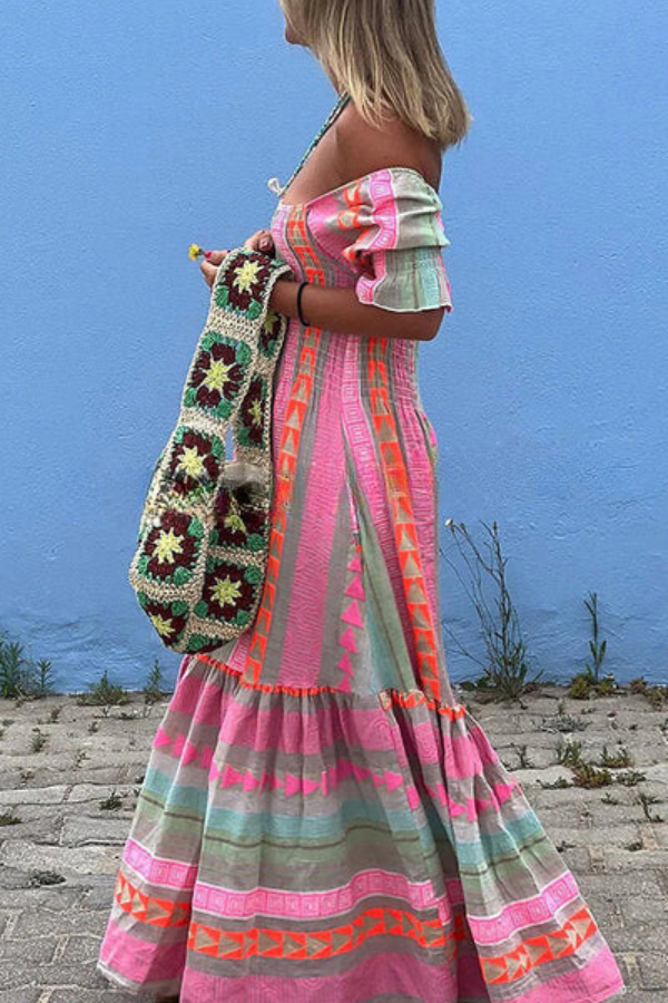 Vestido largo bohemio fruncido con bolsillos y bloques de color geométricos para festival de música
