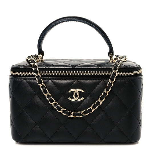 Lambskin Quilted Small Top Handle Vanity Case With Chain Black