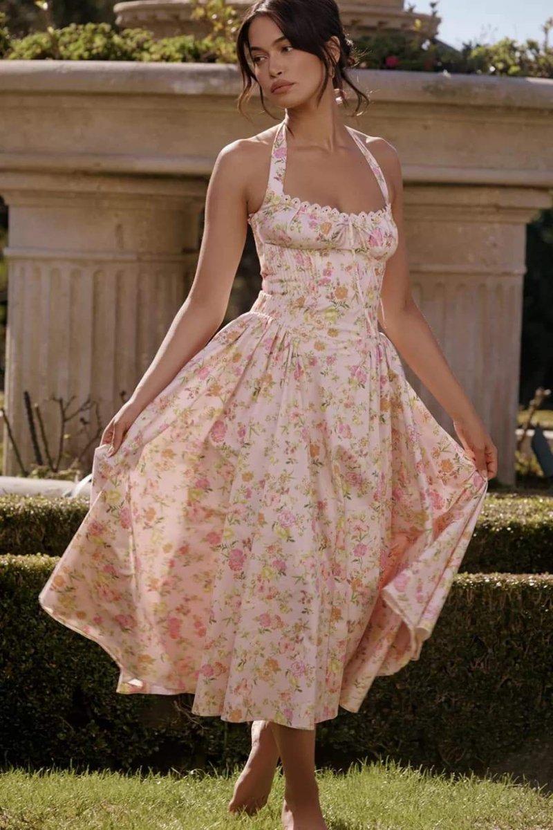 Vestido midi con corsé y cuello halter estampado Abigail 