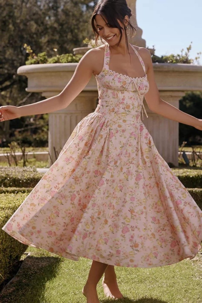 Vestido midi con corsé y cuello halter estampado Abigail 