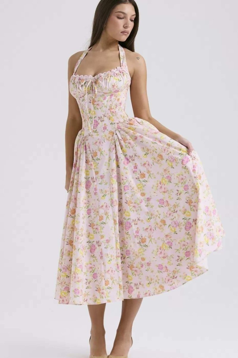 Vestido midi con corsé y cuello halter estampado Abigail 