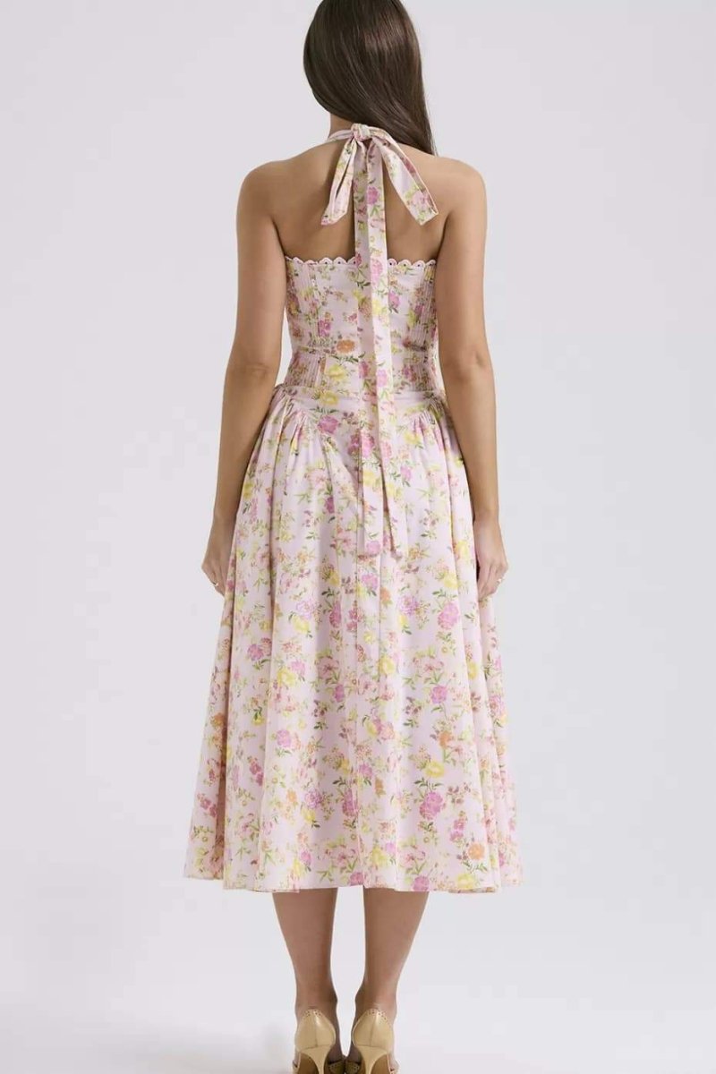 Vestido midi con corsé y cuello halter estampado Abigail 
