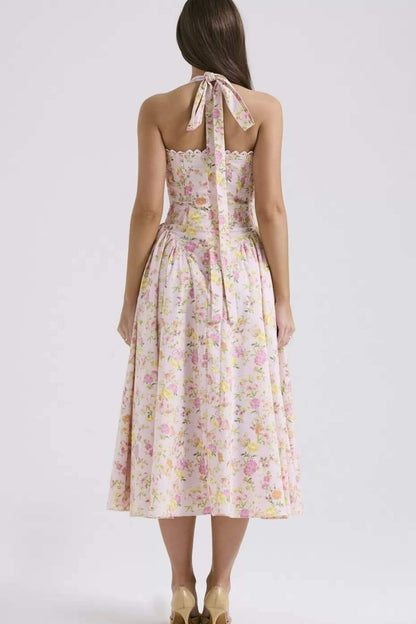 Vestido midi con corsé y cuello halter estampado Abigail 