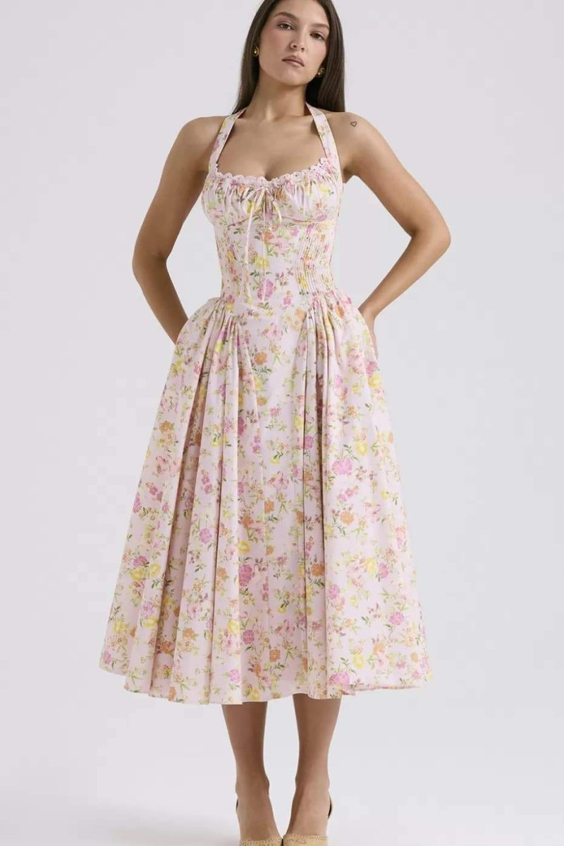 Vestido midi con corsé y cuello halter estampado Abigail 