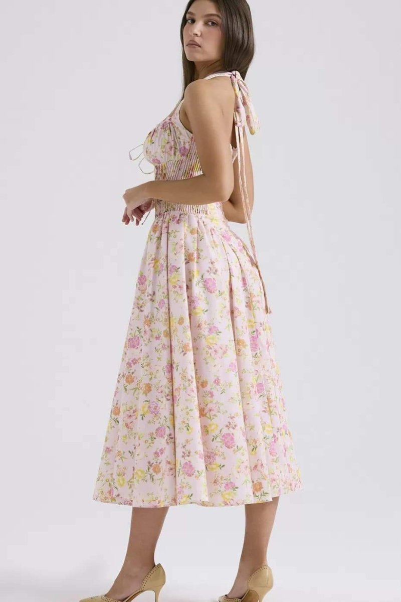 Vestido midi con corsé y cuello halter estampado Abigail 