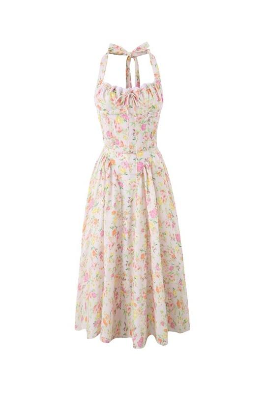 Vestido midi con corsé y cuello halter estampado Abigail 